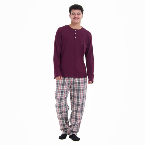 Men Fall Pajama Set Dark Red Buttoned Sweatshirt + Dark red x Grey checkered Pants